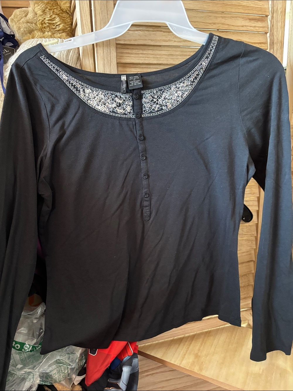 Passport Black Long Sleeve Henley Top with Decorative Scoop Neck XL